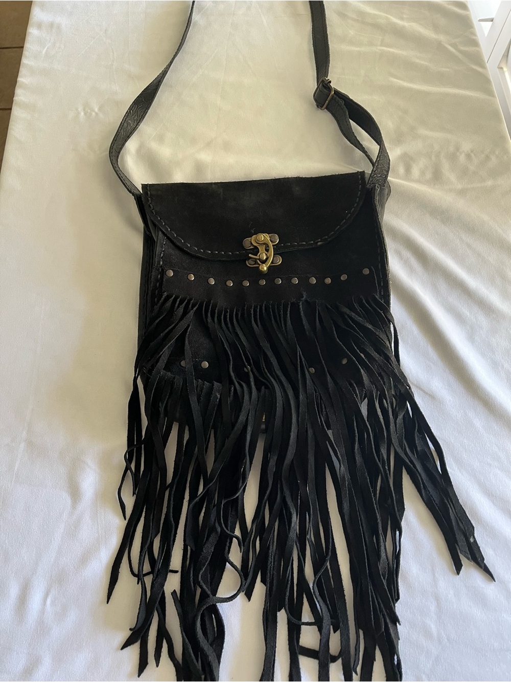 Black Fringe Crossbody Bag with Antique Brass Clasp